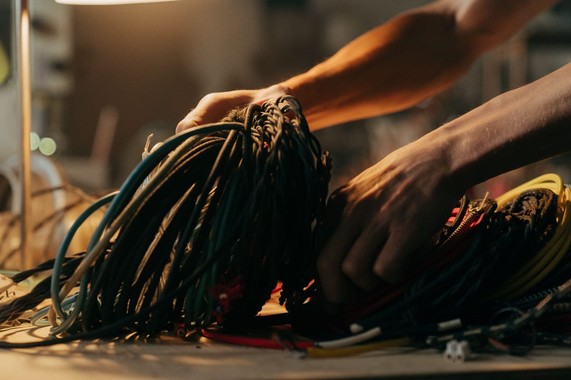 Hands sorting a bundle of coloured electrical wires on a table
