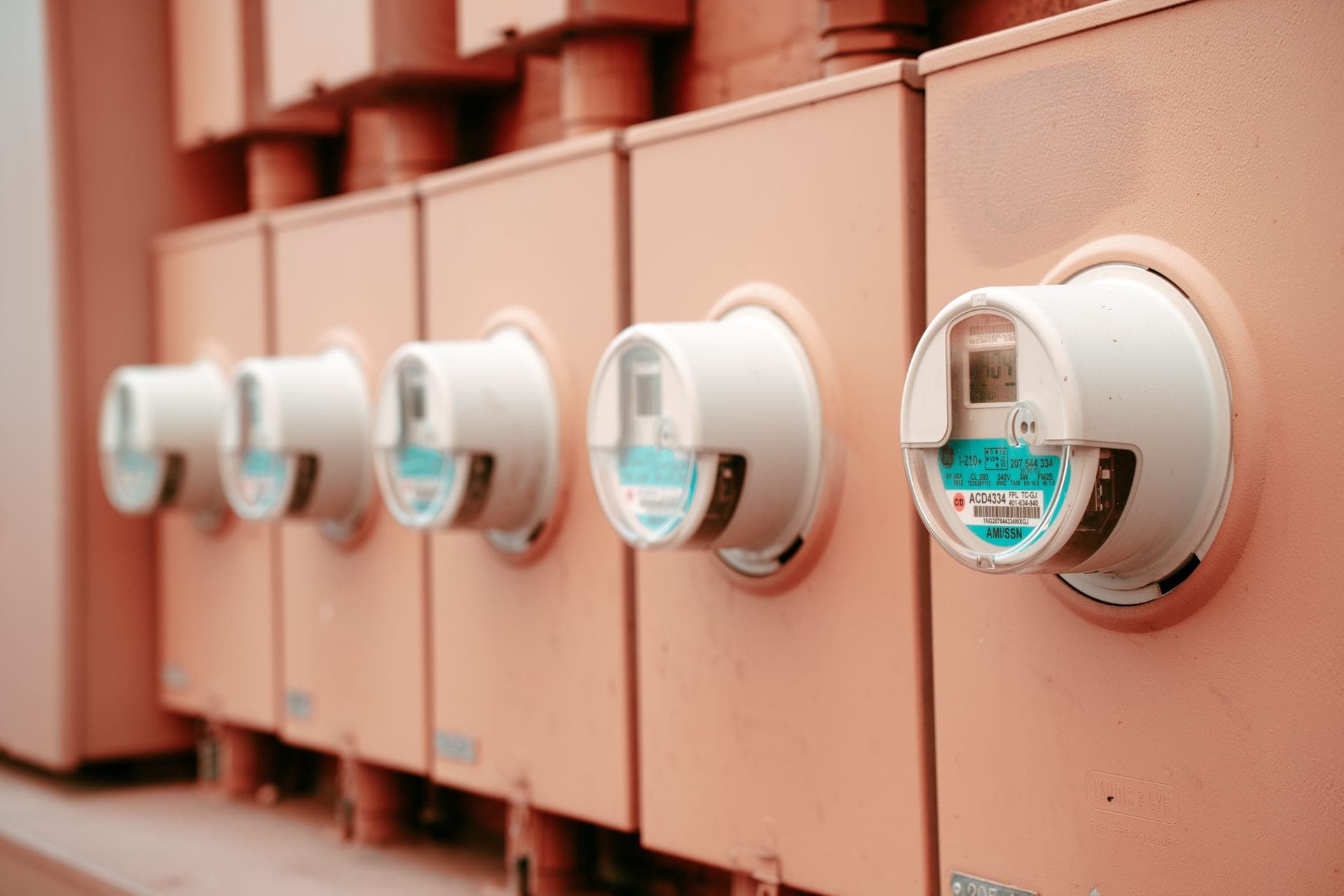 A row of electricity meters photographed close up